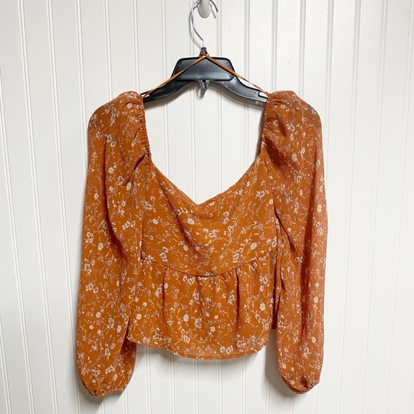 NWT ASTR The Label Rust Multi Floral Puff Sleeve Boho Sweetheart Top S XS - Picture 7 of 11
